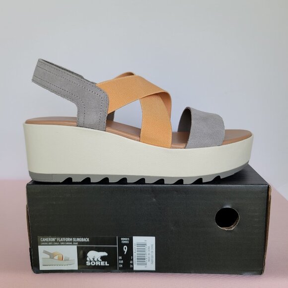 SOREL Cameron Flatform Slingback Suede/Fabric Sandals-Chrome Grey/Chalk Size 9⭐ - Picture 16 of 16